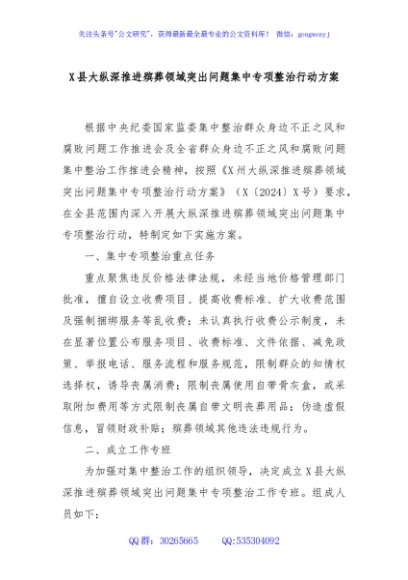 X县大纵深推进殡葬领域突出问题集中专项整治行动方案