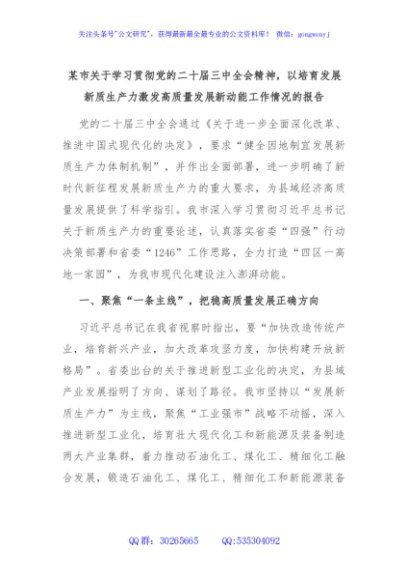 某市关于学习贯彻党的二十届三中全会精神，以培育发展新质生产力激发高质量发展新动能工作情况的报告