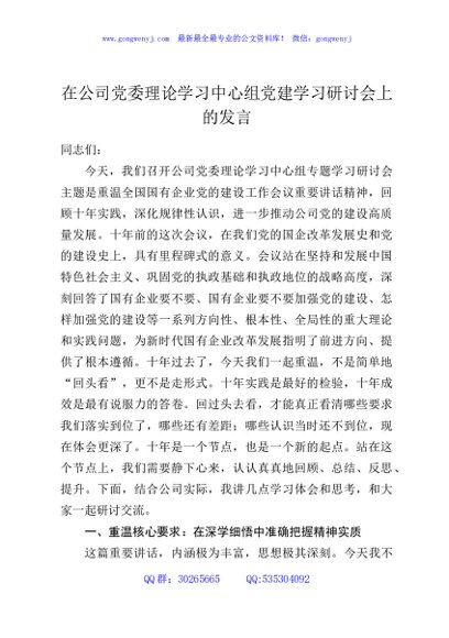 在公司党委理论学习中心组党建学习研讨会上的发言