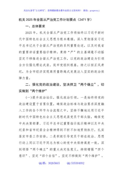 机关2025年全面从严治党工作计划要点（2471字）