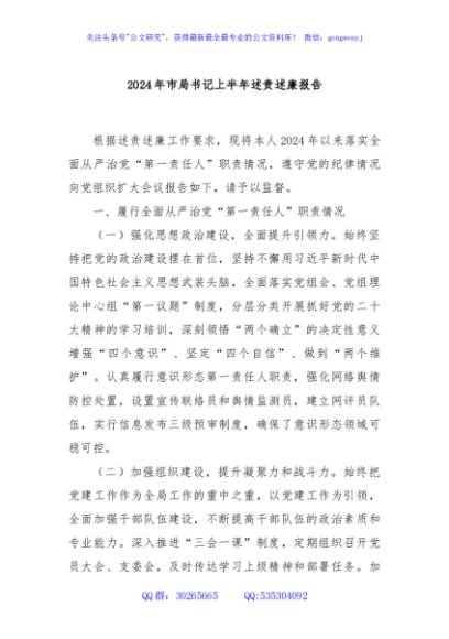 2024年市局书记上半年述责述廉报告