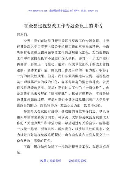 在全县巡视整改工作专题会议上的讲话