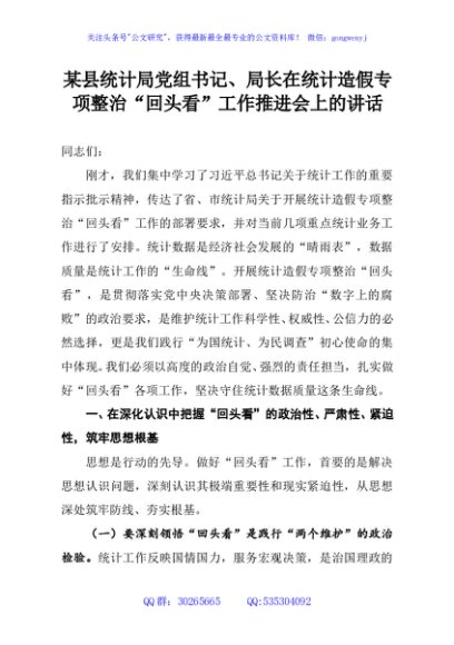 某县统计局党组书记、局长在统计造假专项整治“回头看”工作推进会上的讲话