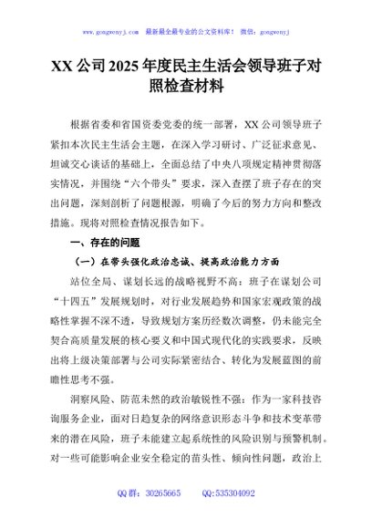 XX公司2025年度民主生活会领导班子对照检查材料