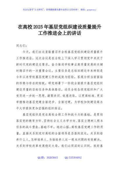 在高校2025年基层党组织建设质量提升工作推进会上的讲话