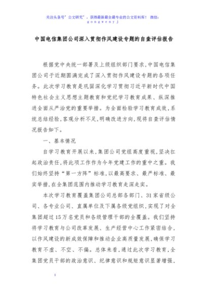 中国电信集团公司深入贯彻作风建设专题的自查评估报告