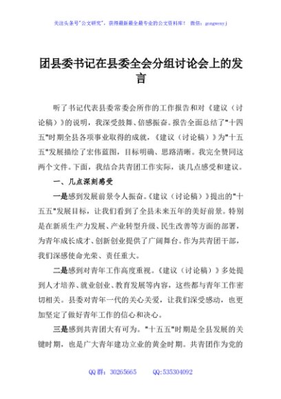 团县委书记在县委全会分组讨论会上的发言