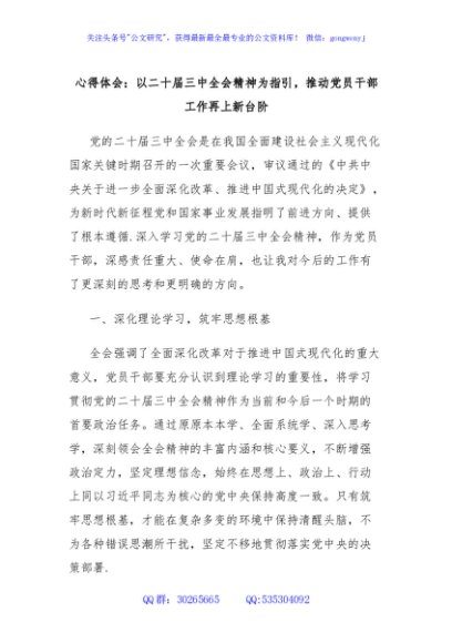 心得体会：以二十届三中全会精神为指引，推动党员干部工作再上新台阶