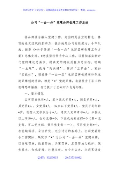 公司“一企一品”党建品牌创建工作总结