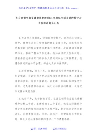 办公室党支部普通党员参加2024年组织生活会时的批评与自我批评意见汇总