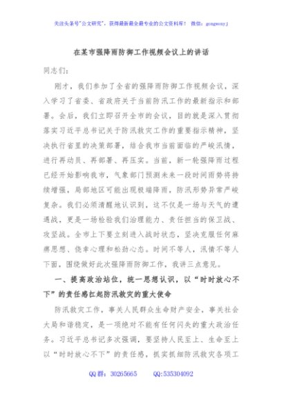 在某市强降雨防御工作视频会议上的讲话