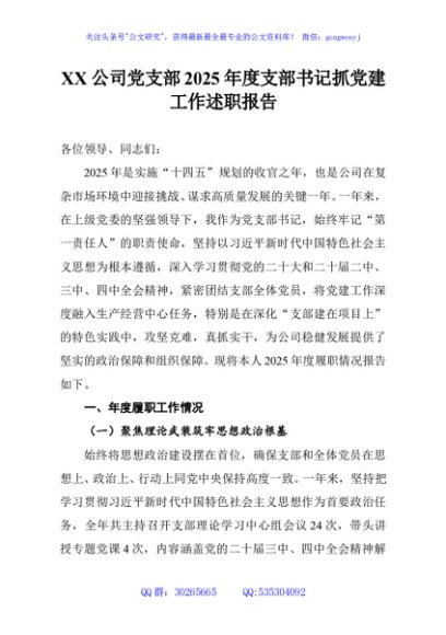 XX公司党支部2025年度支部书记抓党建工作述职报告