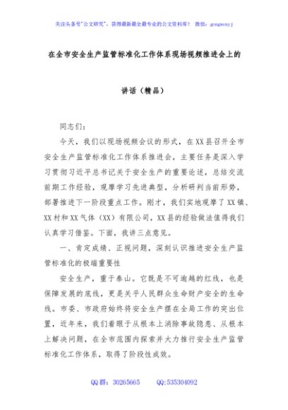 在全市安全生产监管标准化工作体系现场视频推进会上的讲话（精品）