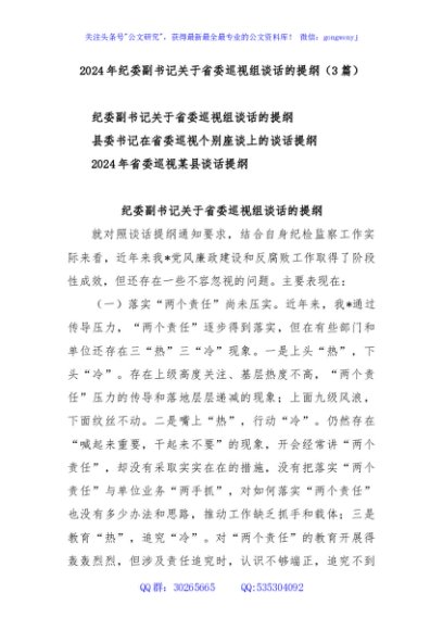 (3篇)2024年纪委副书记关于省委巡视组谈话的提纲