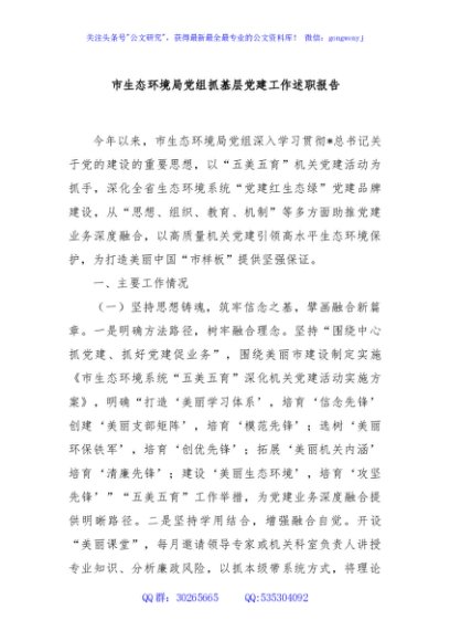 市生态环境局党组抓基层党建工作述职报告