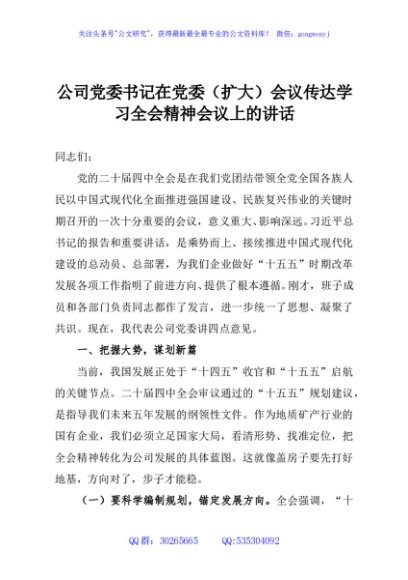 公司党委书记在党委（扩大）会议传达学习全会精神会议上的讲话