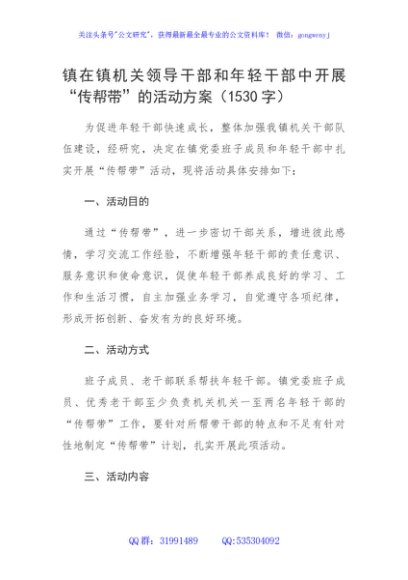 镇机关领导干部和年轻干部中开展“传帮带”的活动方案