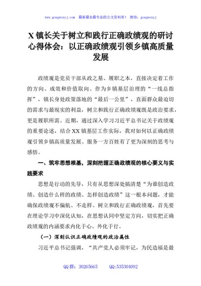 X镇长关于树立和践行正确政绩观的研讨心得体会：以正确政绩观引领乡镇高质量发展