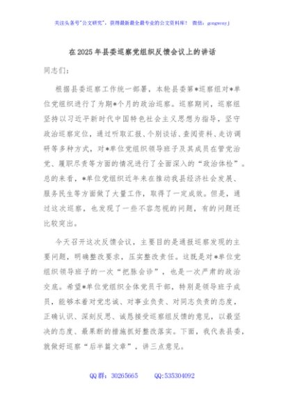 在2025年县委巡察党组织反馈会议上的讲话