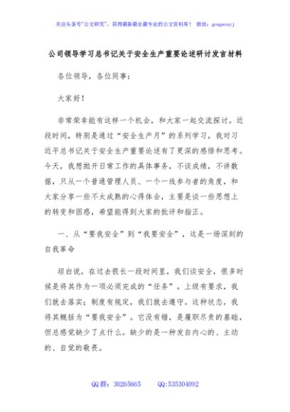 公司领导学习总书记关于安全生产重要论述研讨发言材料