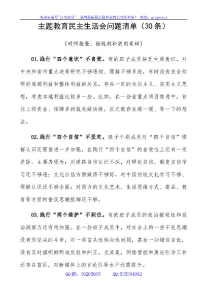 2023年主题教育对照检查问题清单（30条素材）