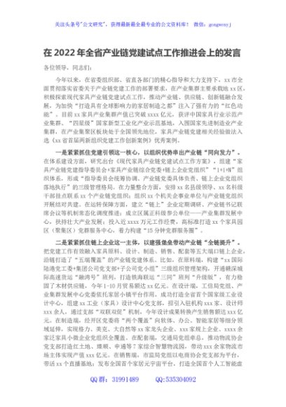 在2022年全省产业链党建试点工作推进会上的发言