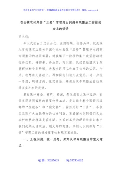 在全镇农村集体“三资”管理突出问题专项整治工作推进会上的讲话