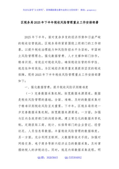 区税务局2025年下半年税收风险管理重点工作安排部署