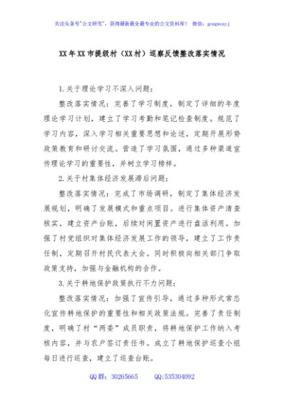 XX年XX市提级村（XX村）巡察反馈整改落实情况