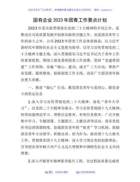 国企公司2023年团青工作要点计划