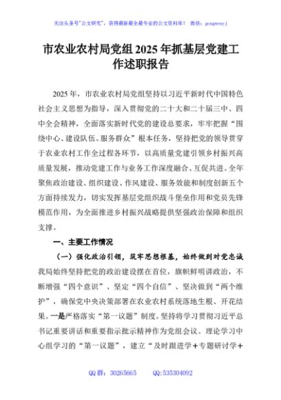 市农业农村局党组2025年抓基层党建工作述职报告
