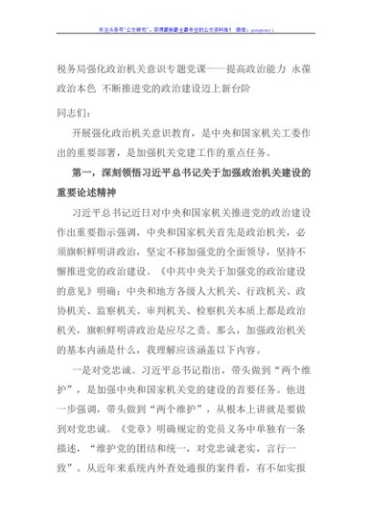 税务局强化政治机关意识专题党课——提高政治能力 永葆政治本色 不断推进党的政治建设迈上新台阶