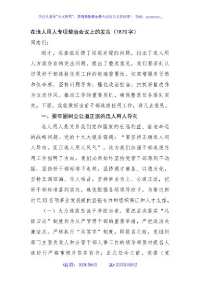 在选人用人专项整治会议上的发言（1870字）