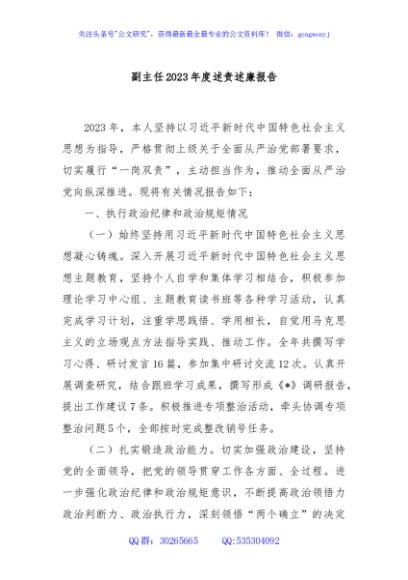 副主任2023年度述责述廉报告