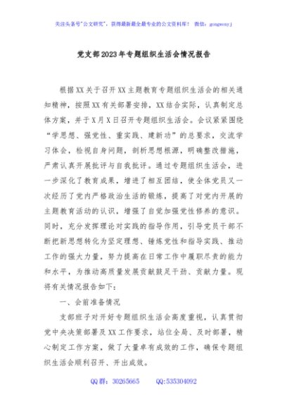 党支部2023年专题组织生活会情况报告