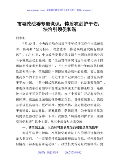 市委政法委专题党课：铸盾亮剑护平安，法治引领促和谐