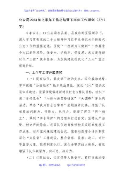 公安局2024年上半年工作总结暨下半年工作谋划（3712字）