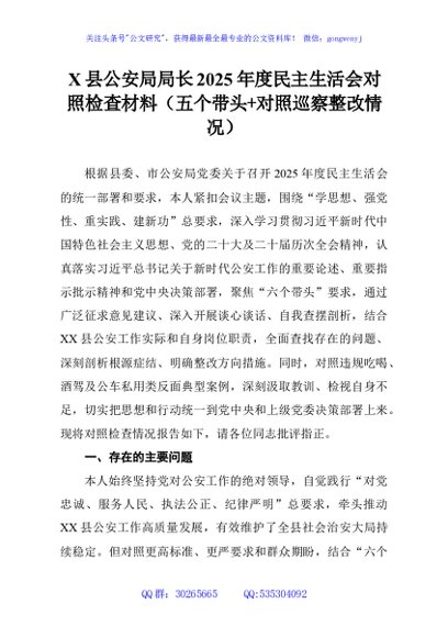 X县公安局局长2025年度民主生活会对照检查材料（五个带头+对照巡察整改情况）