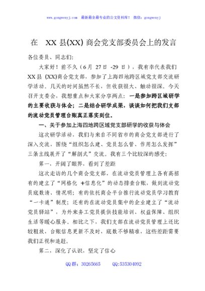 在XX县(XX)商会党支部委员会上的发言