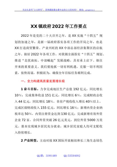 XX镇政府2022年工作要点