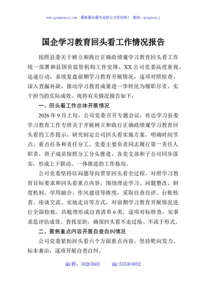 国企学习教育回头看工作情况报告
