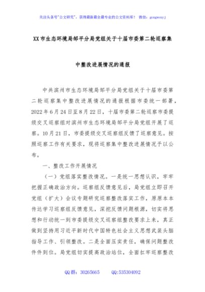 XX市生态环境局邹平分局党组关于十届市委第二轮巡察集中整改进展情况的通报