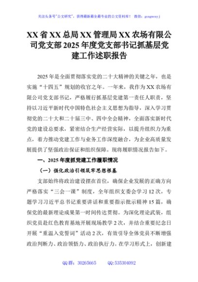 XX省XX总局XX管理局XX农场有限公司党支部2025年度党支部书记抓基层党建工作述职报告