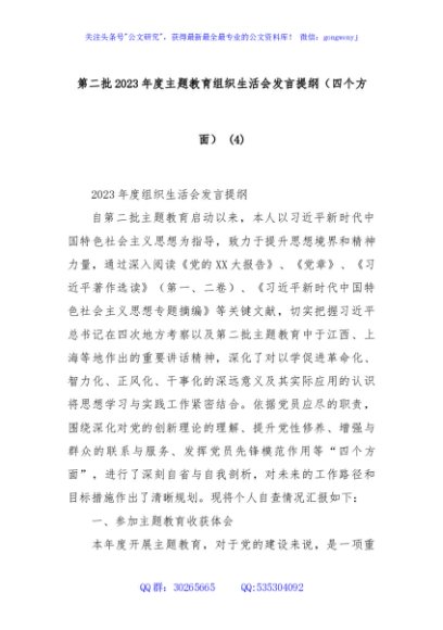 第二批2023年度主题教育组织生活会发言提纲（四个方面） (4)