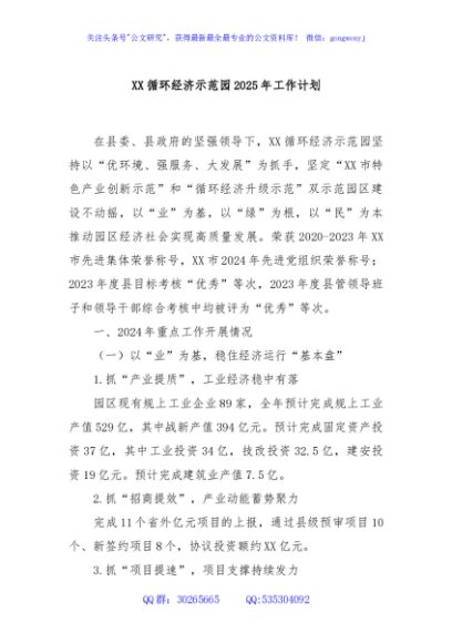 XX循环经济示范园2025年工作计划