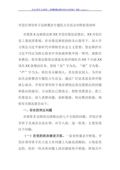 开发区领导班子巡察整改专题民主生活会对照检查材料