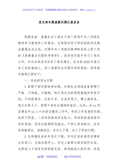 党支部专题查摆问题汇报发言