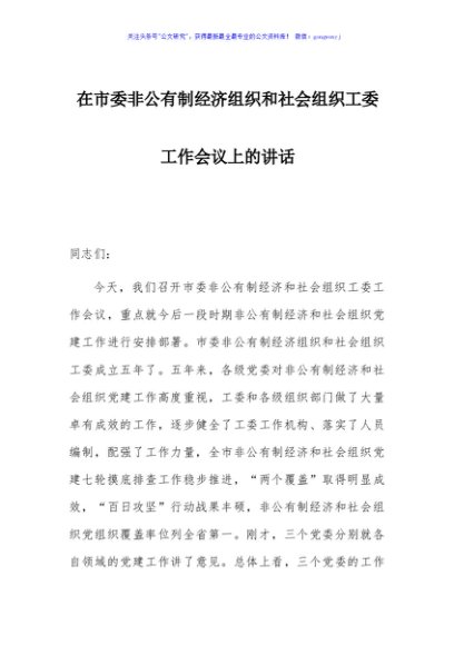 在市委非公有制经济组织和社会组织工委工作会议上的讲话