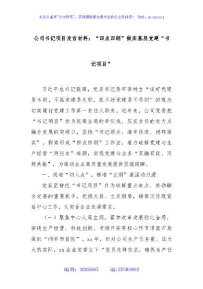 公司书记项目发言材料：“四点四纲”做实基层党建“书记项目”