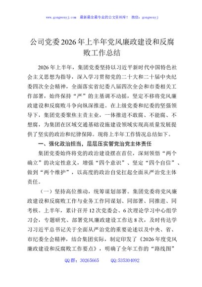 公司党委2026年上半年党风廉政建设和反腐败工作总结